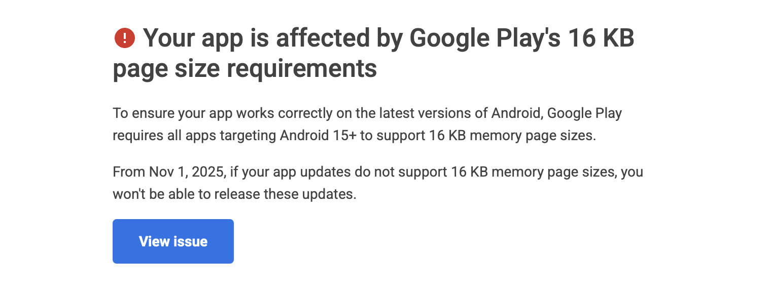 Google Play Console screenshot showing 16KB page size issue error